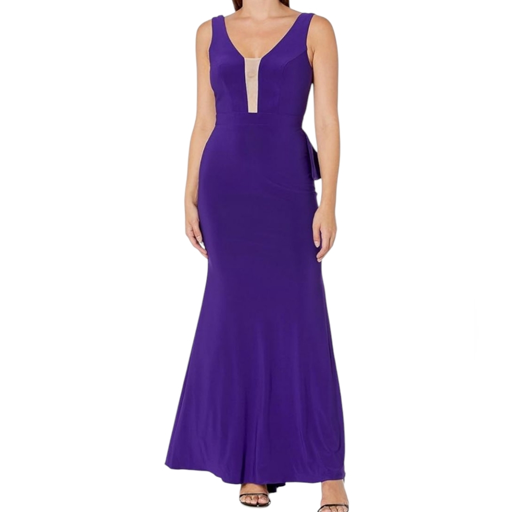 Xscape Women's Size 2  XS Long Ity Illusion Front WITH/Ruffle Back Purple  Dress